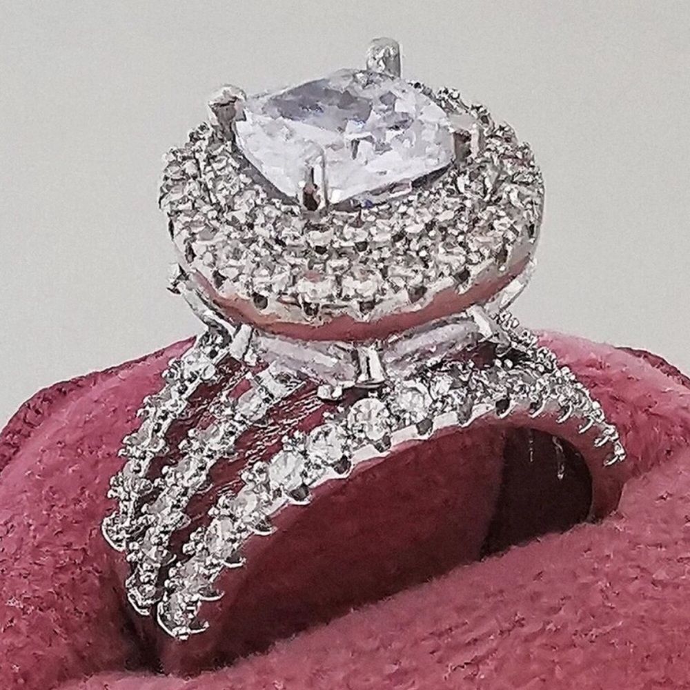 💎A144💎 GORGEOUS STERLING SILVER PAVE HALO DIAMOND RING - Picture 5 of 10